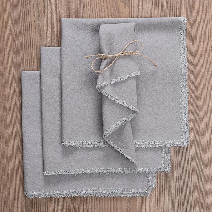 Palisa Premium Cotton Dinner Napkins Set of 4 | Grey Frayed Edge Rustic Farmhouse Table Linen | Soft Washable Long Lasting Durable Cloth Serviettes for Wedding Dining Decor 18x18 Inch