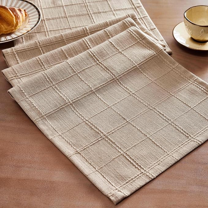 ZeeMart Linen Checked Farmhouse Table Runner, 13x90 Inches Taupe | Raised Grid Design, Rich Woven Texture, Linen Blend Table Runners 90 Inches Long, Machine Washable, Boho Home Kitchen Decor