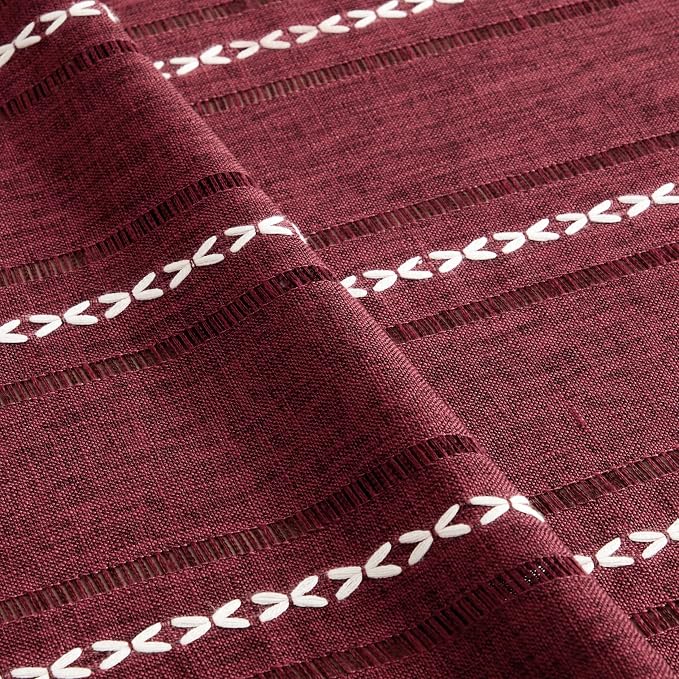 ZeeMart Hemstitched Embroidery Striped Boho Tablecloth 54x54 Inch Burgundy, Heavy Weight Farmhouse Burlap Linen Red Tablecloth, Wrinkle Resistant Washable Table Cloth for Square Table