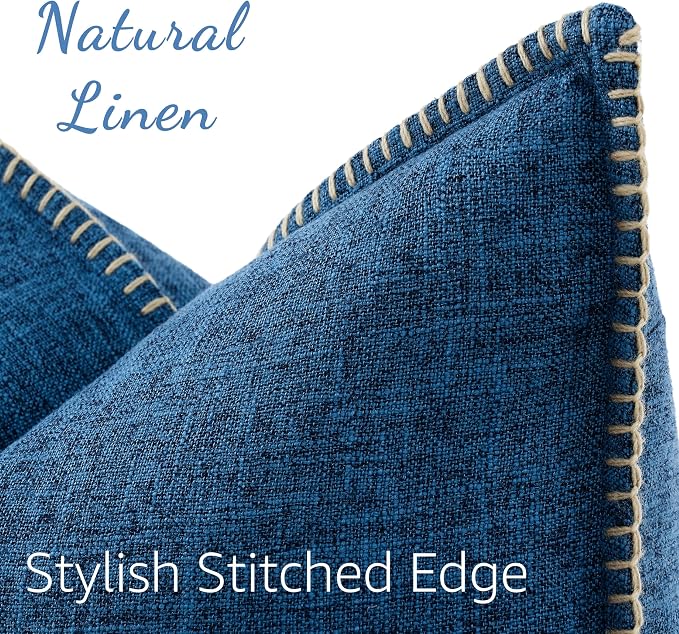 decorUhome Patriotic Summer Decorative Throw Pillow Covers 24x24 Set of 2 Square Faux Linen Outdoor Neutral Farmhouse Euro Sham Coastal Pillow Covers with Stitched Edge for Couch Sofa, Dark Blue