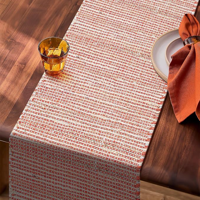 Boho Jute Table Runner for Dining Tables, Rustic Orange Table Runner Farmhouse Style , Cotton and Jute Neutral Colorful Indoor Kitchen Decor, 13 X 36 Inch, - Natural- Orange