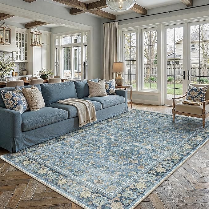 HUGEAR 5x7 Machine Washable Rugs Light Blue Hallway Area Rug Indoor Accent Rug Floral Low Pile Carpet Soft Throw Aesthetic Rug Bedroom Living Room Office Dining Room Kitchen Laundry Room Non Slip