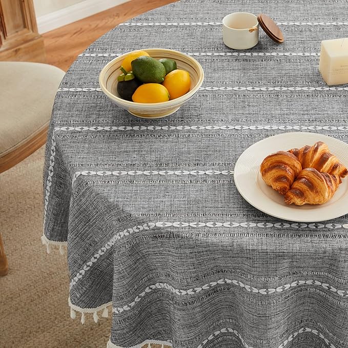 ZeeMart Hemstitched Embroidery Striped Boho Tablecloth 54 Inch Round Charcoal, Heavy Weight Farmhouse Burlap Linen Grey Tablecloth, Wrinkle Resistant Washable Table Cloth for Round Table ﻿
