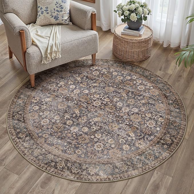 Hugear Round Rug 4ft Entryway Rugs Machine Washable Tradition Brown Hallway Area Rug 4x4 Small Circle Accent Rug Floral Low Pile Carpet Soft Throw Rug Living Room Office Laundry Room Entrance Non Slip