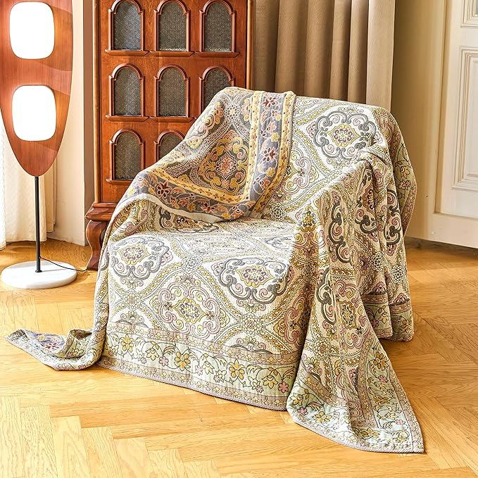 VANJOROY Boho Throw Blanket 80" x 90", 100% Organic Cotton Breathable Skin-Friendly Ultra Soft Bed Quilt Throw - Floral Rustic Decor Luxury Reversible Blanket for Sofa Couch Chair and Gift,