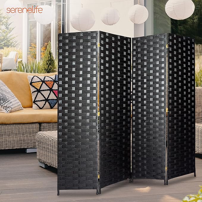 SereneLife Woven Fiber Room Divider - 4-Panel Portable Lightweight Freestanding Indoor Foldable Decorative Partition, Screen Separator, Better Folding Privacy, Dressing Area, Porch, Office