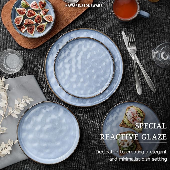HaWare Dinnerware Sets, 24-Piece Plates and Bowls Set, Stoneware Dish Set for 8, Ceramic Dinnerware for Home Restaurant, Chip and Scratch Resistant, Microwave and Dishwasher Safe, Reactive Blue