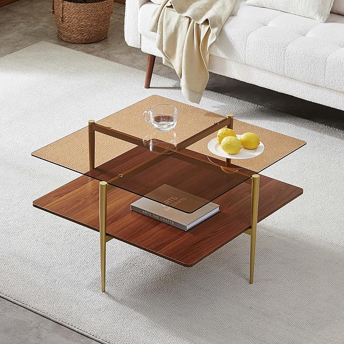 LumFurn Square Coffee Table, Mid-Century Modern Design, L30 x W30 x H17 Inch, for Living Room, 2-Tier Structure, Amber Glass Top and Walnut Wood Shelf, Sleek Conical Metal Legs with Gold Finish