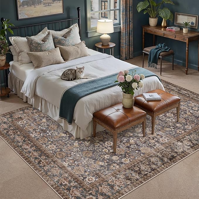 HUGEAR 10x14 Machine Washable Rugs Tradition Brown Hallway Large Area Rug Indoor Accent Rug Floral Low Pile Carpet Soft Throw Aesthetic Rug Bedroom Living Room Office Dining Room Kitchen Laundry Room