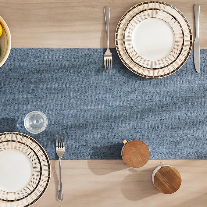 ZeeMart Burlap Style Farmhouse Table Runners 90 Inches Long, Blue Rustic Woven Dining Table Runner for Everyday Use, 14x90 Inches, Blue