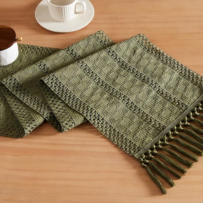 ZeeMart Macrame Style Boho Table Runner, Moss Green Table Runners 90 Inches Long, Farmhouse Woven Home Decor, 12x90 Inch, Moss