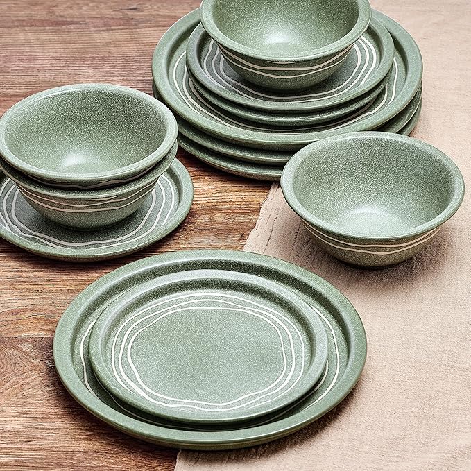 Pfaltzgraff Nature's Pallet 12 Piece Stoneware Dinnerware Set, Service for 4, Modern Style, High Rims for Everyday use, Green