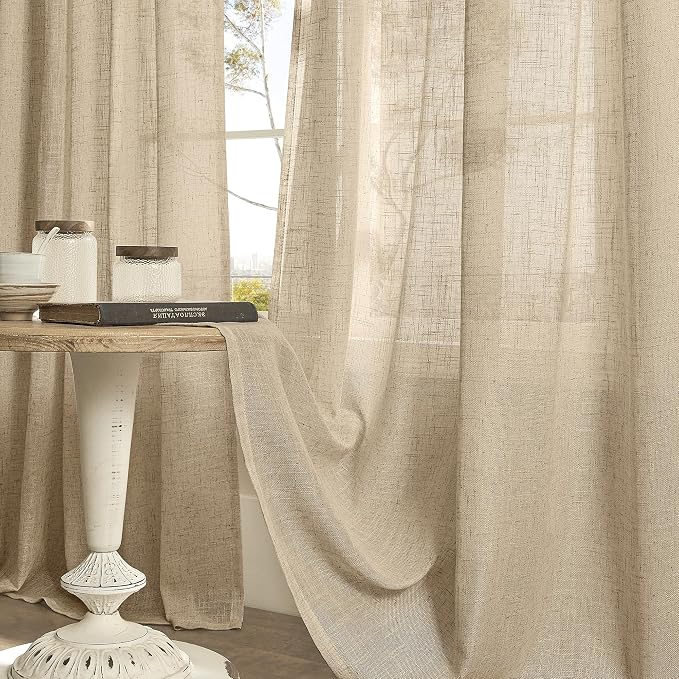 LAMIT Sheer Linen Curtains 63 Inches Long for Bedroom, Faux Linen Textured Light Filtering Drapes Bronze Grommet Semi Sheer Neutral Panels for Farmhouse, 2 Panels, 34 x 63 Inch, Brown