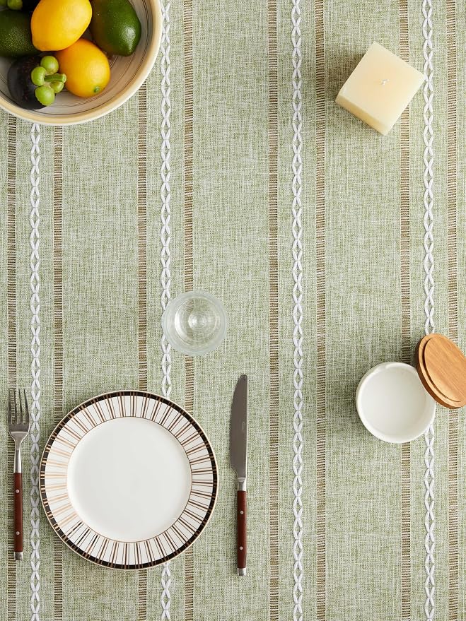 ZeeMart Hemstitched Embroidery Striped Boho Tablecloth 54x70 Inch Light Green, Heavy Weight Farmhouse Burlap Linen Sage Tablecloth, Wrinkle Resistant Washable Table Cloth for Rectangle Table