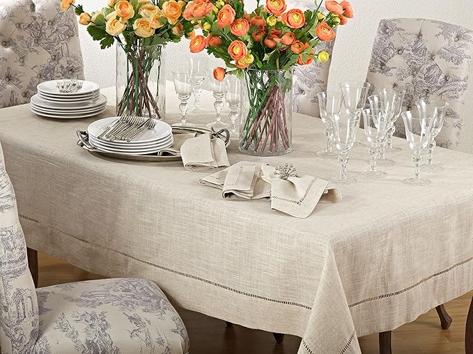 SARO LIFESTYLE Poly and Linen Blend Toscana Tablecloth with Hemstitch Border, Natural, 65"x120"