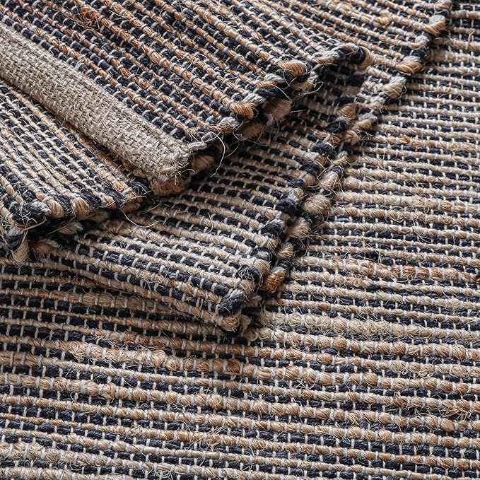 Boho Jute Table Runner for Dining Tables, Rustic Kitchen Table Runner Farmhouse Style , Cotton and Jute Neutral Colorful Indoor Kitchen Decor, 13 X 108 Inch, - Natural- Charcoal Grey