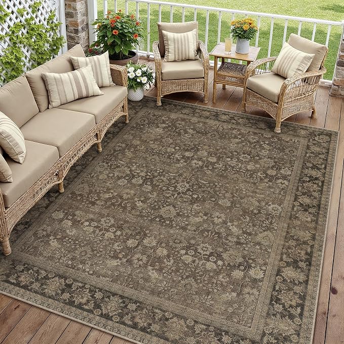 HUGEAR 8x10 Indoor/Outdoor Rug Brown Linen-Look Fabric Vintage Area Rug High Traffic Stain Resistant Easy Clean Durable Rugs for Living Kitchen Patio Deck Balcony Porch Garden Courtyard