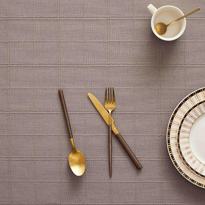 ZeeMart Linen Checked Table Cloth 52x52 Inches, Farmhouse Style Plaid Embroidered Water Resistant Square Table Cover, Cocoa Brown