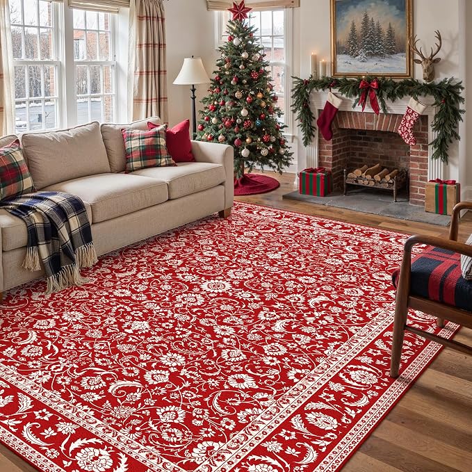 HUGEAR Vintage 6x9 Machine Washable Rugs Red Hallway Large Area Rug Indoor Accent Rug Floral Low Pile Carpet Soft Throw Aesthetic Rug Bedroom Living Room Office Dining Room Kitchen Laundry Room