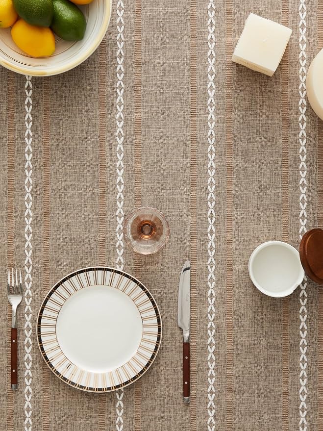 ZeeMart Hemstitched Embroidery Striped Boho Tablecloth 54x54 Inch Cocoa Brown, Heavy Weight Farmhouse Burlap Linen Brown Tablecloth, Wrinkle Resistant Washable Table Cloth for Square Table