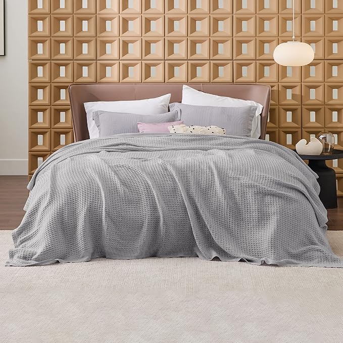 Bedsure 100% Cotton Blanket Full Size for Bed - Breathable and Soft for Summer, Thick Cozy Waffle Weave Blanket Gifts for Women, Grey, 80x90 Inches