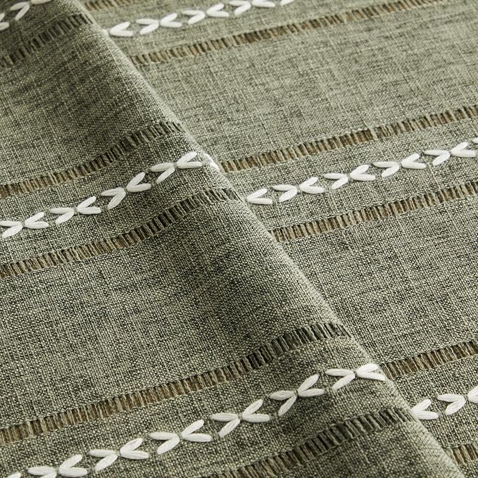 ZeeMart Hemstitched Embroidery Striped Boho Tablecloth 60x104 Inch Olive, Heavy Weight Farmhouse Burlap Linen Green Tablecloth, Wrinkle Resistant Washable Table Cloth for Rectangle Table