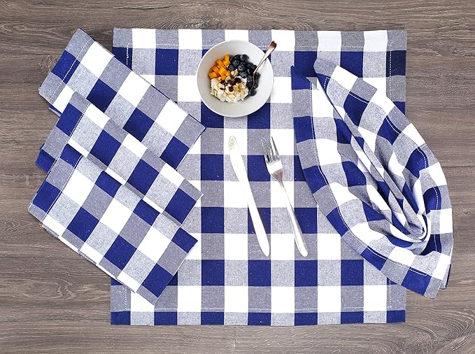 Buffalo Check Cloth Napkis Set of 12 - Decorative Soft Durable Washable Reusable Cotton Dinner Napkin for Dining Table Décor, Wedding, Christmas, New Year, & Everyday Use - 18x18 Inch - Ink Blue White