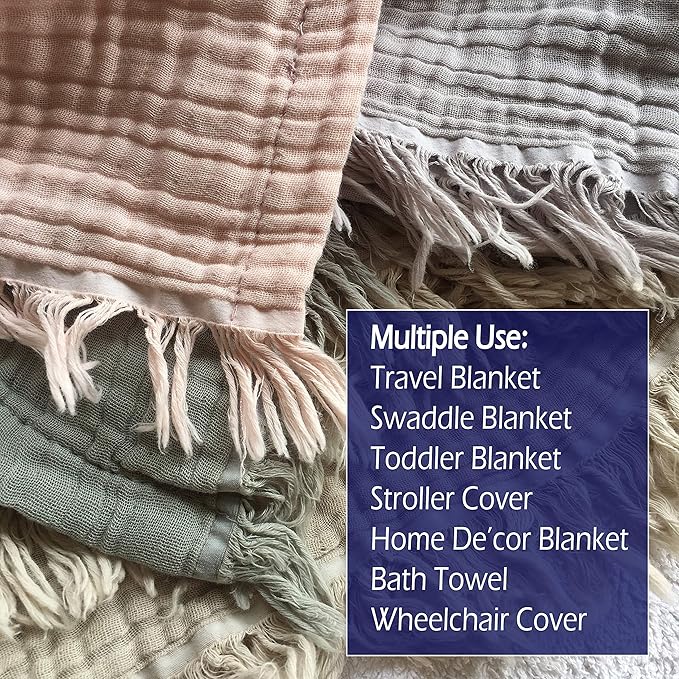 KyraHome 100% Organic Cotton Muslin Blankets for Adults, Couch,50"x60" Plant Dyed Breathable Lightweight Gauze Summer Throw Blankets, Travel, All Season, Sage Green