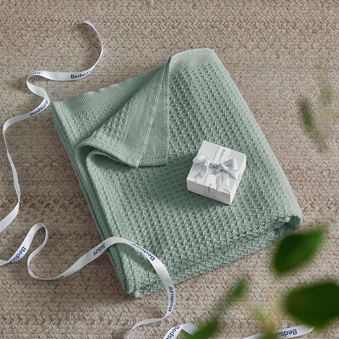 Bedsure 100% Cotton Blanket Full Size for Bed - Breathable and Soft for Summer, Thick Cozy Waffle Weave Blanket Gifts for Women, Sage Green, 80x90 Inches