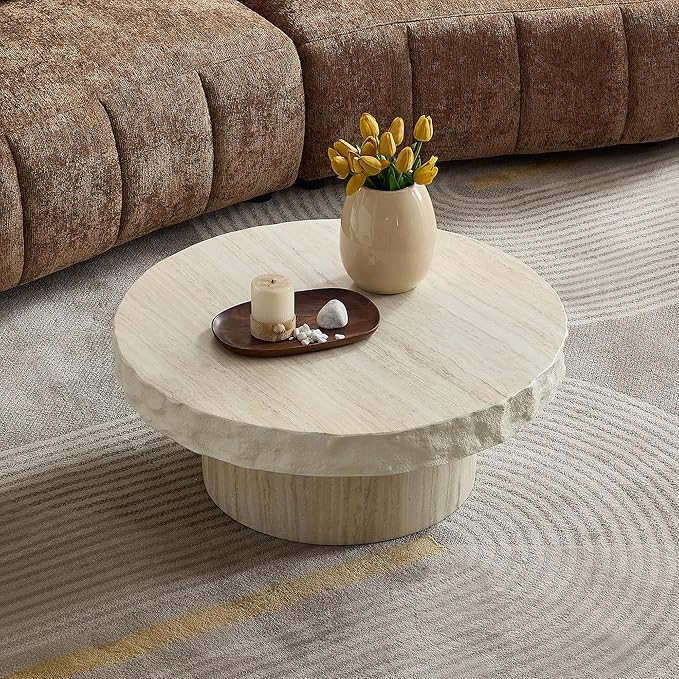 Round Coffee Table, 31.69" Fiberglass Faux Marble Pattern Imitation Stone Table Cement Center Table for Living Room Apartment