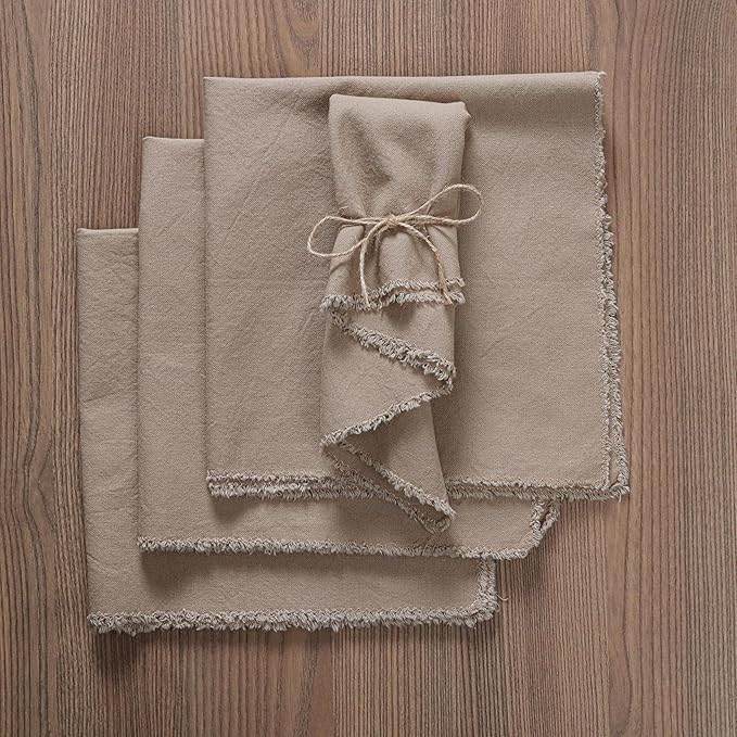 Palisa Premium Cotton Dinner Napkins Set of 4 | Desert Beige Frayed Edge Rustic Farmhouse Table Linen | Soft Washable Long Lasting Durable Cloth Serviettes for Wedding Dining Decor 18x18 Inch
