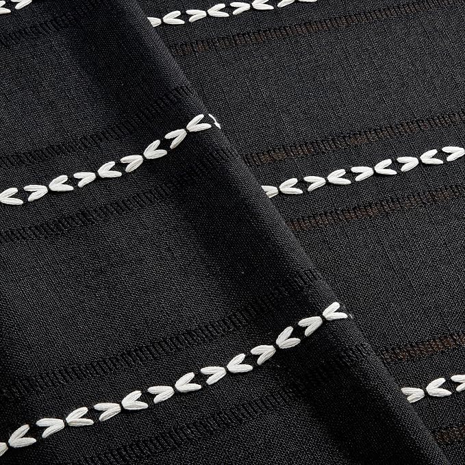 ZeeMart Hemstitched Embroidery Striped Boho Tablecloth 60x60 Inch Black, Heavy Weight Farmhouse Burlap Linen Black Tablecloth, Wrinkle Resistant Washable Table Cloth for Square Table