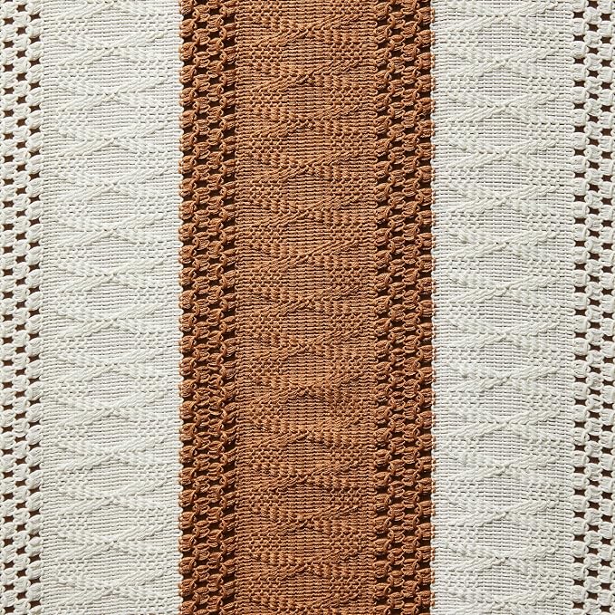 ZeeMart Macrame Style Bicolor Stitching Table Runner, 14 x 72 Inch Caramel/Ivory, Boho Caramel Table Runners 72 Inches Long, Farmhouse Woven Home Decor