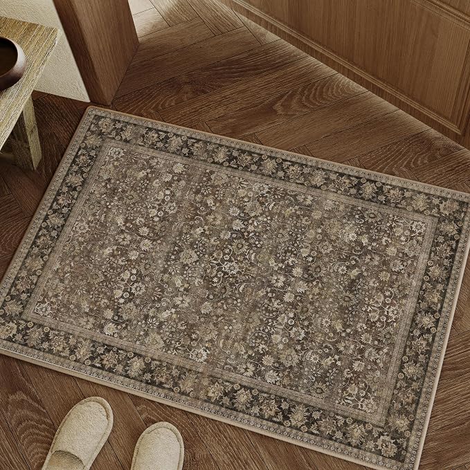 HUGEAR 2x3 Small Rug Machine Washable Area Rug Brown Entryway Rugs Entrance Door Mat Indoor Accent Rugs Floral Low Pile Carpet Distressed Throw Rug Kitchen Bedroom Office Non Slip
