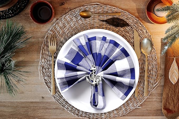 Buffalo Check Cloth Napkis Set of 12 - Decorative Soft Durable Washable Reusable Cotton Dinner Napkin for Dining Table Décor, Wedding, Christmas, New Year, & Everyday Use - 18x18 Inch - Ink Blue White