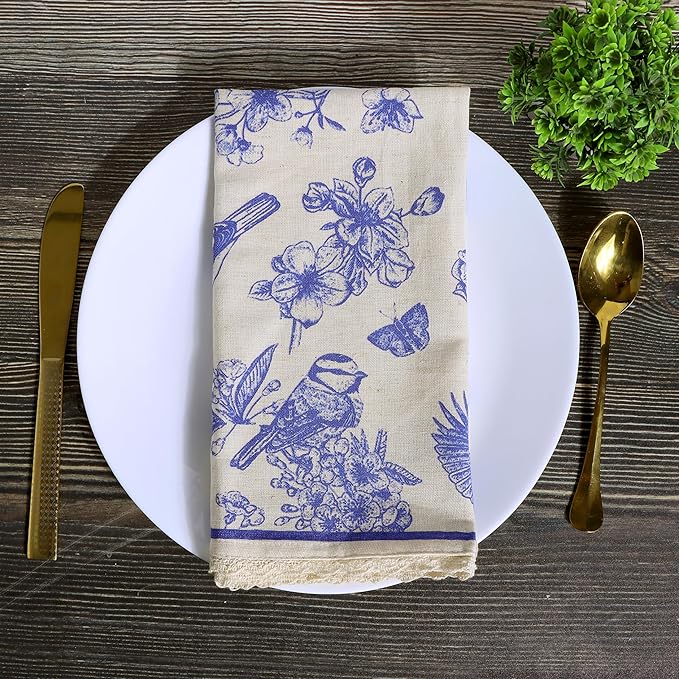 FINGERCRAFT Dinner Cloth Napkins Cotton Blend Set of 12 Premium Quality Mitered Corner with Natural Lace for Home Restaurant Wedding Christmas Napkins Cloth 20 inch Toile Print with Lace