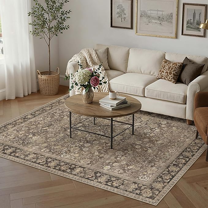 HUGEAR 5x8 Machine Washable Rugs Brown Hallway Area Rug Indoor Accent Rug Floral Low Pile Carpet Soft Throw Aesthetic Rug Bedroom Living Room Office Dining Room Kitchen Laundry Room Non Slip