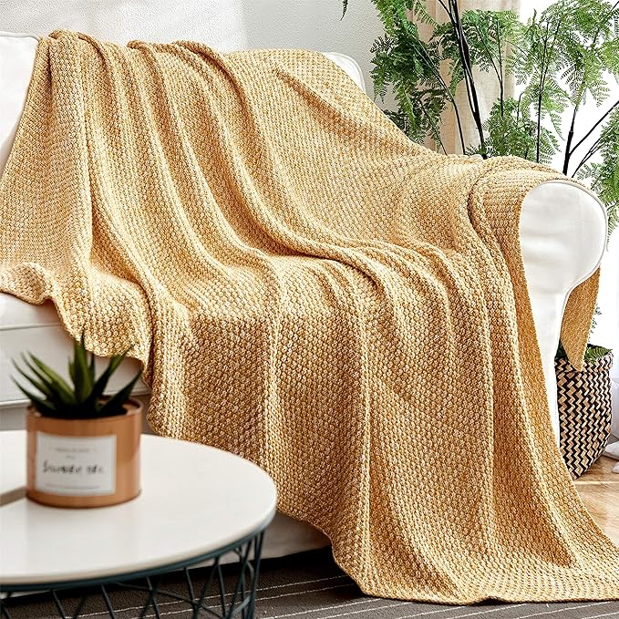Longhui bedding 100% Cotton Knitted Throw Blanket – Mustard Yellow, Soft & Cozy, Machine Washable, 60"x80" – Perfect for Living Room, Couch, Sofa, Bed or Travel