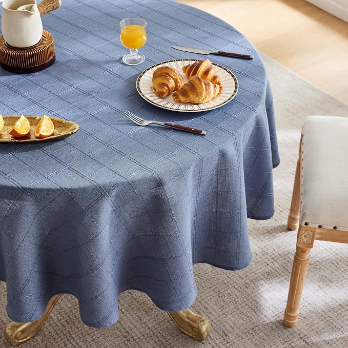 ZeeMart Linen Checked Table Cloth 60 Inches Round, Farmhouse Style Plaid Embroidered Water Resistant Table Cover, Blue