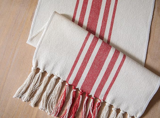 Christmas Table Runner 13 x 72 Inch for Dining Table, Boho Christmas Decorations, Coffee Table Runner with Handcrafted Tassels, red and Beige Stripe Table Runner for Holiday, Winter