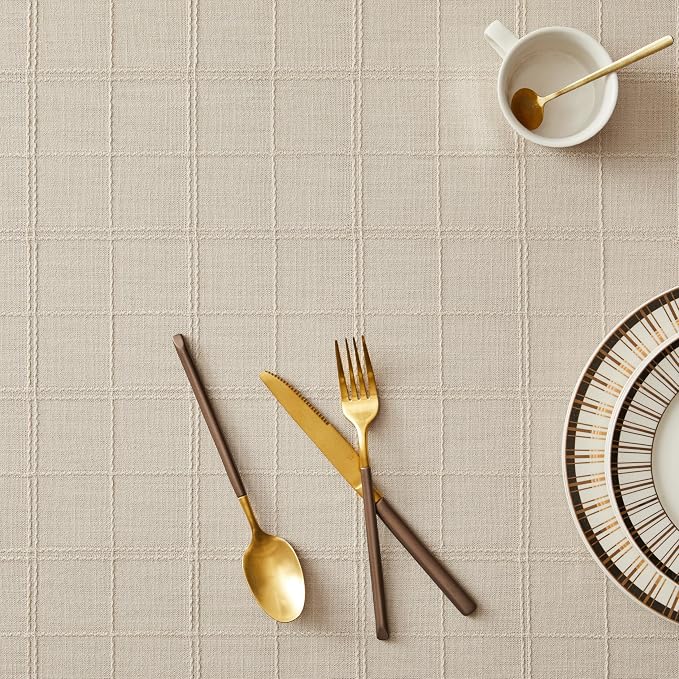 ZeeMart Linen Checked Table Cloth 60 Inches Round, Farmhouse Style Plaid Embroidered Water Resistant Table Cover, Beige