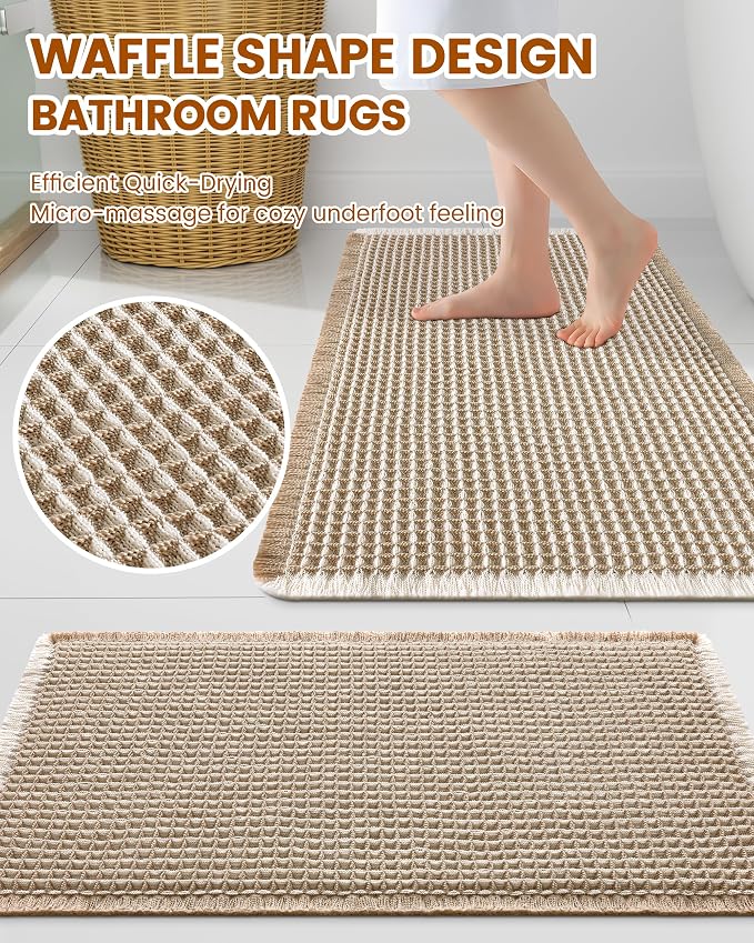 Smiry Waffle Bath Mat 40x32, Extra Soft Absorbent Bathroom Rugs, Non Slip Machine Washable Quick Dry Bath Rugs for Bathroom Floor, Tub, Shower, Home Decor Accessories, Brown & Cream
