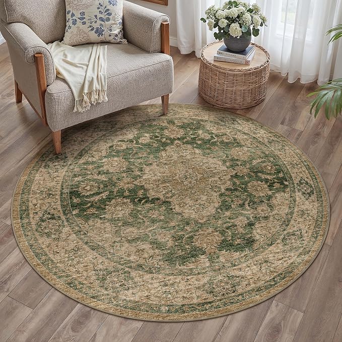 HUGEAR Round Rug 4ft Entryway Rugs Machine Washable Retro Green Hallway Area Rug 4x4 Small Circle Accent Rug Floral Low Pile Carpet Soft Throw Rug Living Room Office Laundry Room Entrance Non Slip