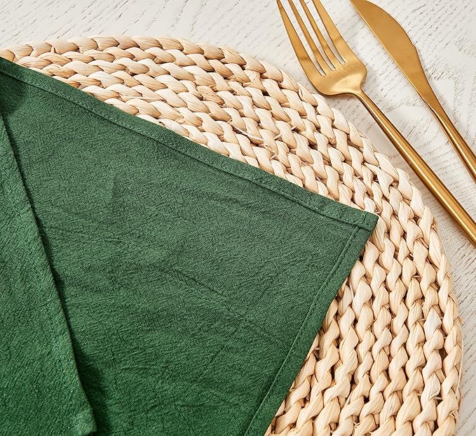 Dinner Cloth Napkins Bulk,100% Natural Soft Fall Cotton Linen Napkins,Washable Napkins with Hemmed Edges for Wedding Decorations Christmas,16”*16”, (Set of 12, Dark Green)