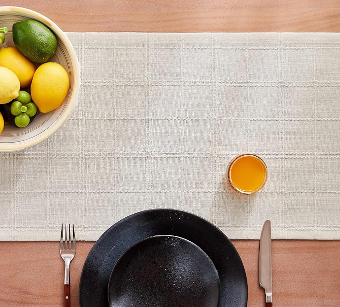 ZeeMart Linen Checked Farmhouse Table Runner, 13x48 Inches Ivory | Raised Grid Design, Rich Woven Texture, Linen Blend Table Runners 48 Inches Long, Machine Washable, Boho Home Kitchen Decor