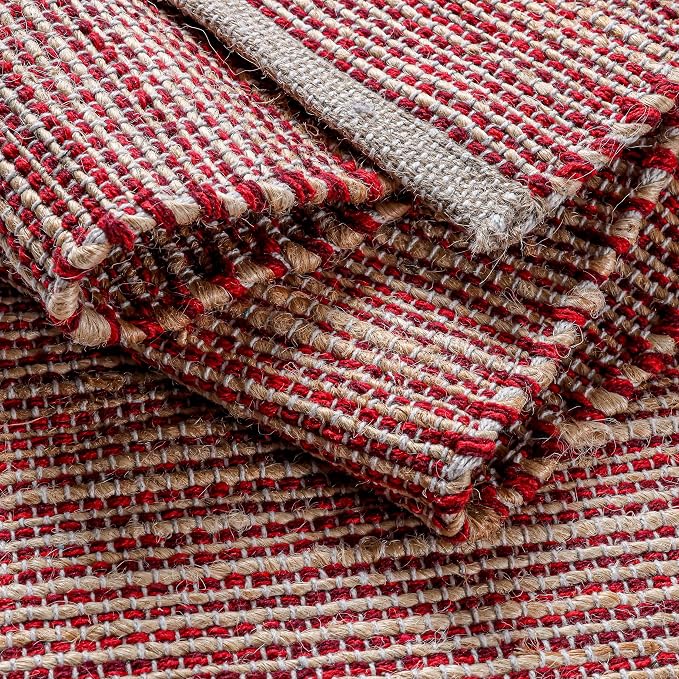 Boho Jute Table Runner for Dining Tables, Rustic Neutral Table Runner Farmhouse Style , Cotton and Jute Colorful Indoor Kitchen Decor, 13 X 108 Inch, - Natural- Red