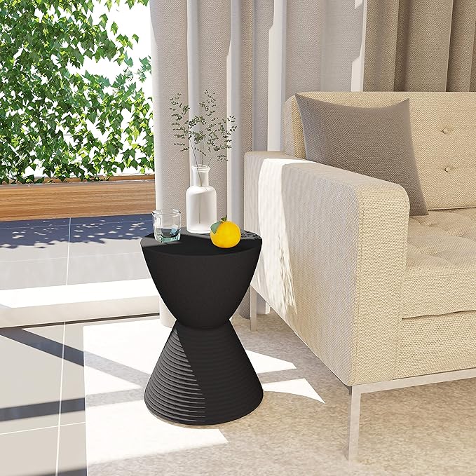 LeisureMod Black Side Table – Modern Hourglass Drum End Table with Storage, Removable Lid – Compact Accent Table for Indoor & Outdoor Use