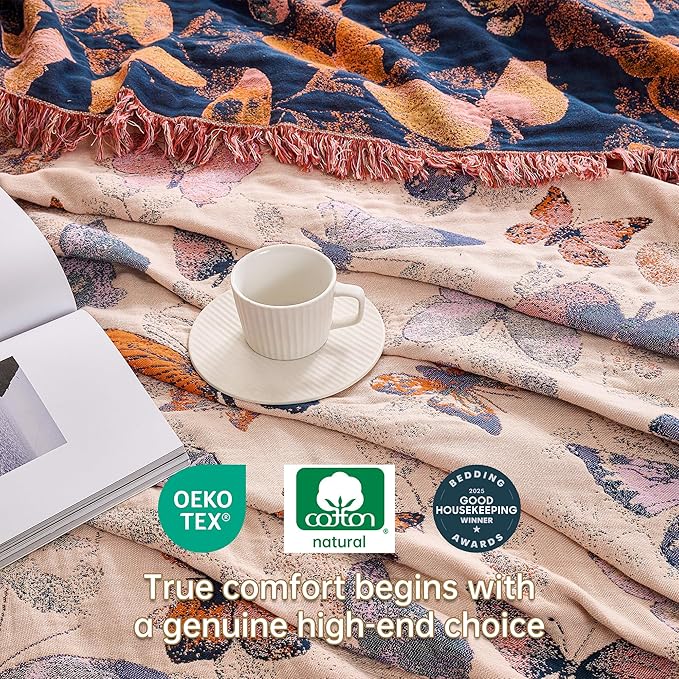 VANJOROY Boho Throw Blanket, 100% Organic Cotton Breathable Ultra Soft 80" x 90" Bed Quilt Throw - All Season Floral Rustic Farmhouse Decor Luxury Reversible Blanket for Sofa Couch Chair and Gift