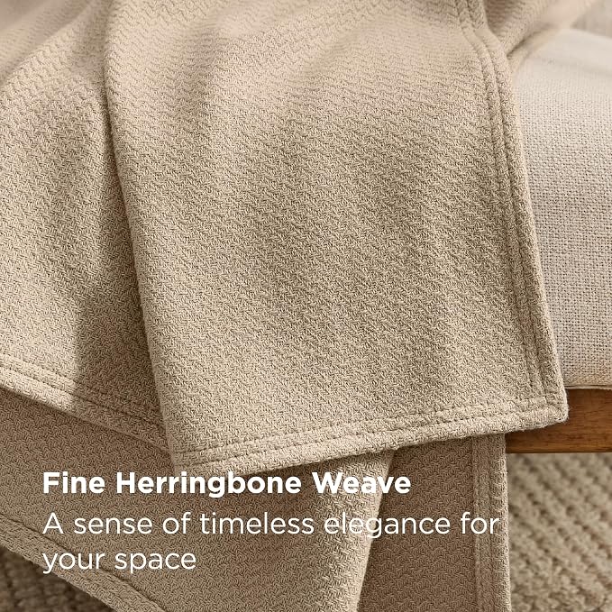 Bedsure GentleSoft 100% Cotton Blanket Queen Size for Bed - Cooling Breathable and Lightweight, Soft Cozy Textured Herringbone Woven Summer Blanket for Home Decor, Khaki, 90x90 inches