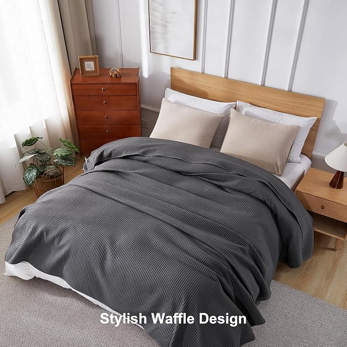 100% Egyptian Cotton Waffle Weave Blanket King Size for Bed, 320 GSM - Breathable and Soft for Spring Summer, Lightweight All Season Bed Blanket for Couch, Sofa (104x90 Inches, Dark Grey)